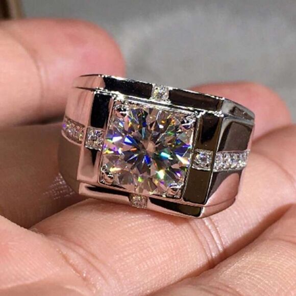 Gorgeous 925 Silver Ring Round Cubic Zircon For Men Sim Diamond Ring - Picture 2 of 4